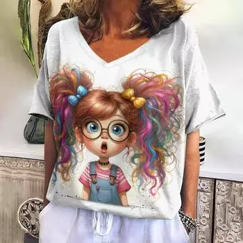 Милая женская футболка с принтом для девочек, футболки с V-образным вырезом и коротким рукавом, модная повседневная одежда большого размера для улицы, женская одежда 2024 года, новинка S