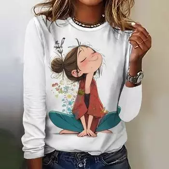 Милая женская футболка с принтом для девочек, осенняя футболка из искусственного хлопка, топы с круглым вырезом и длинными рукавами, простая уличная одежда, новинка S
