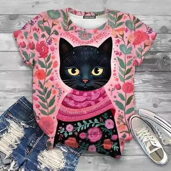 Милая женская футболка с принтом кота, летние топы с коротким рукавом и круглым вырезом, свободная одежда, уличная мода, женская футболка, пуловер S
