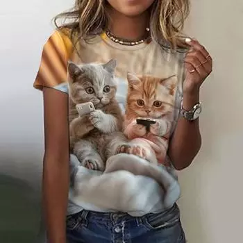 Милая женская футболка с принтом животных 3D, повседневная, с коротким рукавом, забавные футболки, модная уличная одежда с круглым вырезом, женская одежда больших размеров S