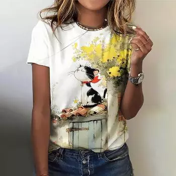 Милая женская футболка с рисунком животных, кавайный кот, круглый вырез, короткие рукава, летняя дышащая одежда, повседневная одежда больших размеров, модный топ S