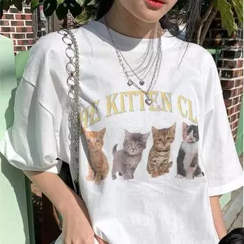 Милая женская футболка The Kitten Club Streetwear Белая футболка с коротким рукавом Femme Kawaii Oversize Футболка в стиле гранж Y2k Egirl Tee S