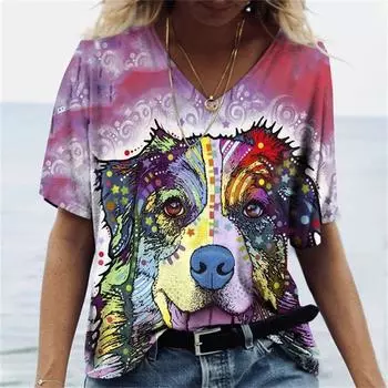 Милая женская футболка в стиле Харадзюку с v-образным вырезом и милым мультяшным принтом собаки, топы большого размера с коротким рукавом, летние женские азиатского размера L