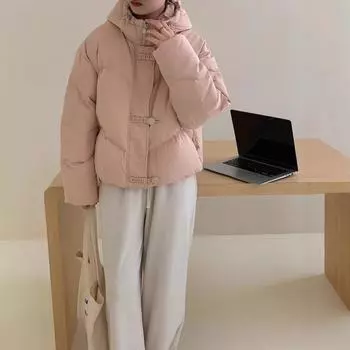 Милая женская короткая куртка-пуховик 2024 года, новый стиль, дизайн, с круглой кнопкой, белый утиный пух, хлеб, женская One size (90~ 70 kg) чёрный