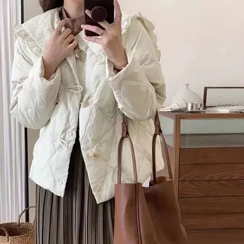 Милая женская куртка-пуховик Baby Face 2024 года, зимняя, новая, уменьшающая возраст, с роговой пряжкой, теплое маленькое пальто прилив One size