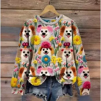 Милая женская одежда с принтом животных на 3D-принте, осенняя толстовка с круглым вырезом, модная кошечка и собака, длинный рукав, свободный свитер большого размера S