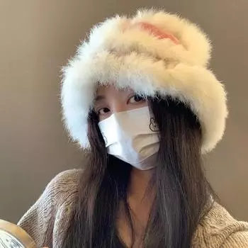 Милая женская панама из меха кролика, осень-зима 2024, новая теплая шерстяная шапка ручной работы, плюшевая шапка в виде льва M56-58cm белый