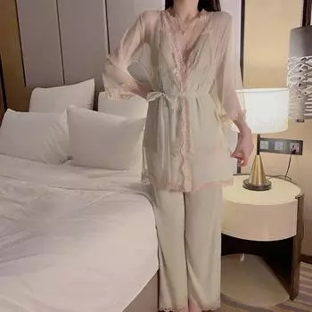 Милая женская пижама для женщин, весенняя сетчатая кружевная повседневная домашняя одежда из 3 предметов, сексуальная пижама для женщин M
