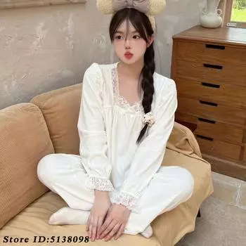 Милая женская пижама из 2 предметов с кружевной отделкой в стиле принцессы, теплая ночная рубашка из бархата Island, домашняя одежда, топ и брюки, домашняя одежда M белый