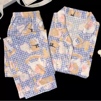 Милая женская пижама с изображением медведя на деревянной лошадке, синяя, белая, клетчатая, с рисунком из мультфильмов, домашняя одежда, весенняя, из молочного шелка, для отдыха M