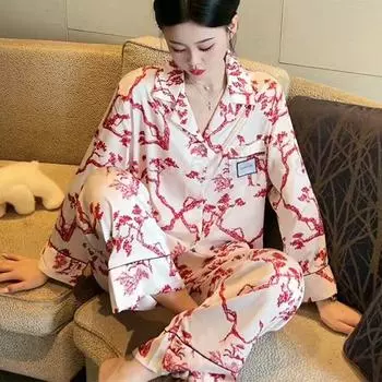 Милая женская пижама с принтом, домашняя одежда, весна-лето, атласная пижама, брючные костюмы, свободная повседневная домашняя одежда, пижамы M белый