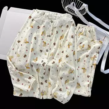 Милая женская пижама с принтом из мультфильмов и кружевной вышивкой с круглым вырезом, элегантная ночная рубашка, новая осенняя хлопковая пижама для отдыха M