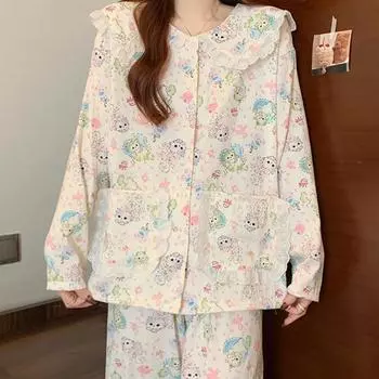 Милая женская пижама с принтом кота, забавная, милая, хлопковая ночная рубашка в виде облака, модная, красочная, шикарная, весенняя, новая домашняя одежда M бежевый