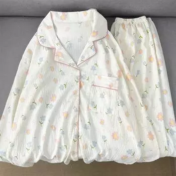 Милая женская пижама с принтом в виде цветка, с отворотом и пуговицами, повседневная домашняя одежда, мода XL