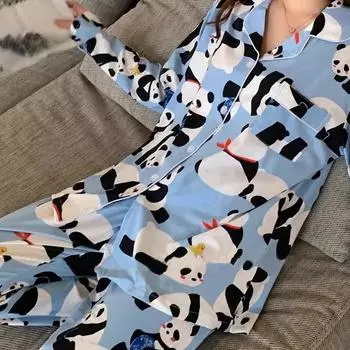 Милая женская пижама с рисунком панды из мультфильма в китайском стиле из молочного шелка для женщин, новая осенне-зимняя ночная одежда L синий