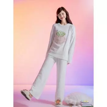 Милая женская пижама зимняя мягкая полубоковая бархатная круглая горловина свободная верхняя одежда домашняя одежда для женщин One Size