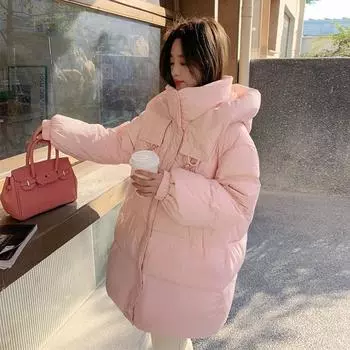 Милая женская пуховая куртка средней и длинной длины 2024 года, новая зимняя утепленная куртка с капюшоном и пряжкой-бантом S розовый