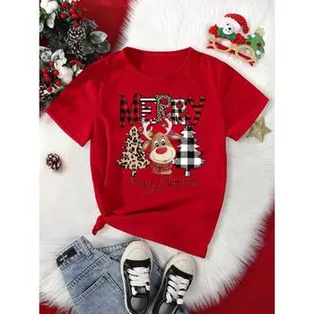 Милая женская рождественская футболка с 3D-принтом оленя и леопарда, повседневная футболка с рисунком рождественской елки S