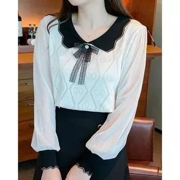 Милая женская рубашка с бантом и рукавом-фонариком, кукольный воротник, модные новые свободные тонкие женские блузки и топы, элегантные однотонные винтажные рубашки, женская одежда 24741 One Size белый