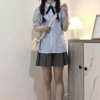 Милая женская рубашка в стиле колледжа с коротким рукавом, милая свободная повседневная рубашка и плиссированная юбка 2XL разноцветный