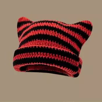 Милая женская шерстяная шапка с кошачьими ушками в японском стиле — теплая и универсальная для осени/зимы, в полоску, в стиле парного свитера. One Size