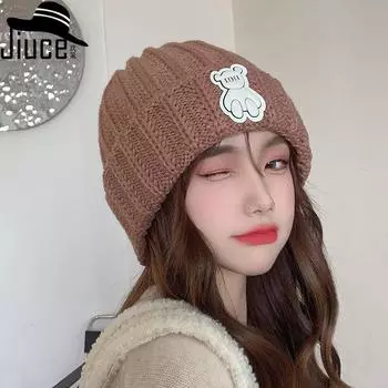 Милая женская шерстяная шапка с медведем в японском стиле, повседневная вязаная шапка на осень и зиму, теплая защитная шапка для ушей M56-58cm