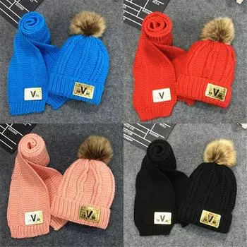 Милая зимняя шапка-бини на флисовой подкладке с помпоном, шапка и шарф, комплект, вязаный шарф, детская шапка, комплект шарфов розовый