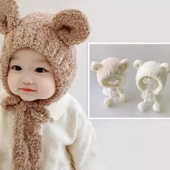 Милая зимняя теплая детская шапка для мальчиков и девочек, плюшевая шапка на шнуровке с декором для ушей, однотонная шапка с защитой ушей, мягкая шапка для новорожденных