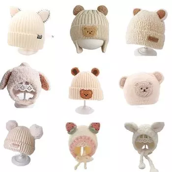 Милая зимняя вязаная детская шапка с мультяшным медведем, теплая детская шапочка для девочек и мальчиков, корейский капюшон для малышей, детские плюшевые шапочки для защиты ушей elastic