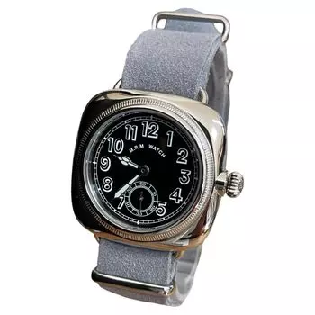 Military watch Cushion watch Black dial Gray buckskin Nato strap [M.R.M.W.]