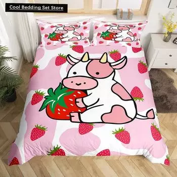 Milk Cow King Queen Duvet Cover Pink White Cartoon Animal Strawberry Bedding Set for Kids Boys Girls Cow Print Soft Quilt Cover EU single(135x200cm)