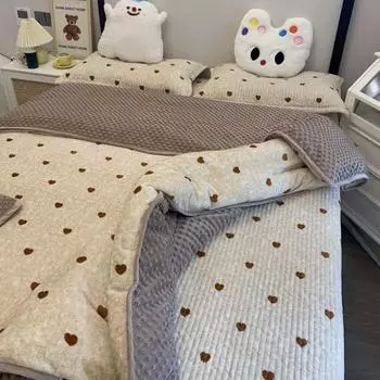 Milk Fiber Bedspread Double-Sided Velvet Thickening Tatami Dedicated Bed Sheets Three-Piece Quilted Kang Bed-Stove Cover Quilt Cover Four-Piece Set 90*200cm single bed cover Yellow Heart