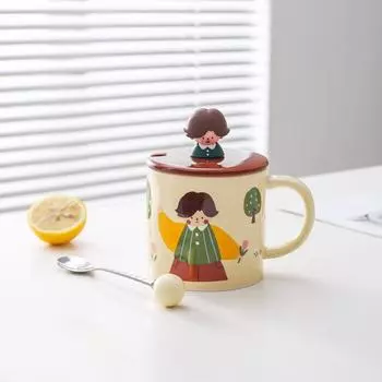 Milk Fufu Cartoon Cute Cup Girls Ceramic Mug Couple Water Cup Home Office Breakfast Cup with Lid Spoon 400ML