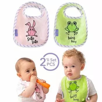 Milk&Moo Chancin Rabbit&Cacha Frog Muslin Baby Bibs Set 2 Pieces, %100 Cotton Muslin Cloth, Burp Cloth, Newborn Bibs, Baby Bibs For Eating, Baby Wipe