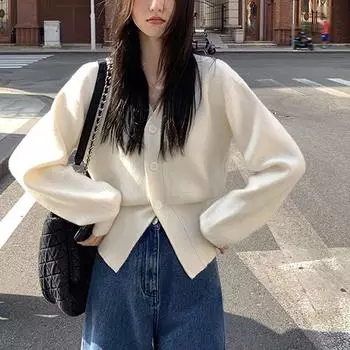 Milk System Gentle Design Sense of Knitted Cardigan Осень-зима Niche V-образный вырез Длинные рукава Свитер Талия Внутренняя часть прилива One Size белый