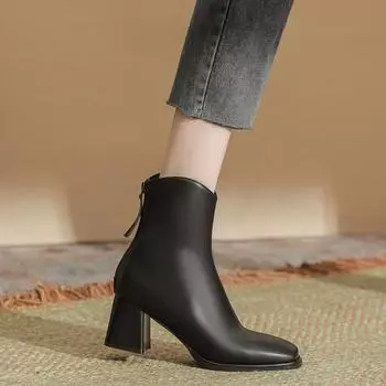 Milk tea color sheepskin thick heel short boots women s autumn and winter advanced sense white thin boots leather high heels 34