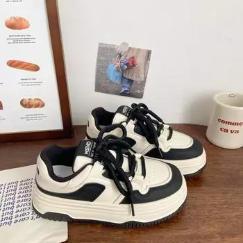 Milk white platform white shoes women s muffin 2025 spring new chic niche ugly cute bread shoes round head board shoes women 35 чёрный