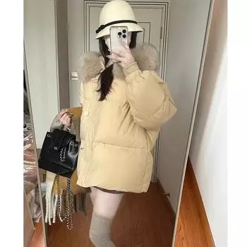 Молочно-желтый пуховик с капюшоном и большим меховым воротником, женский, зимний, в иностранном стиле, маленький, мужской, 90, белый, утепленный, на утином пуху S