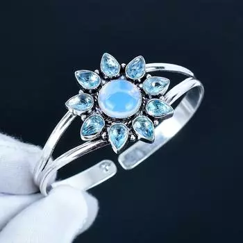 Milky Opal Gemstone Handmade Cuff Bangle 925 Sterling Silver Cuff Bangle, Blue Topaz Flower Shape Bracelet For Wife, Unisex Bangle, Love Gift 7 белый