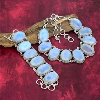 Ювелирные изделия из молочного опала, браслет и ожерелье ручной работы из цельного серебра 925 пробы, комплект ювелирных изделий из опала для любви Adjustable With 8 -18 белый