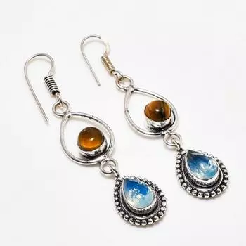 Серьги из серебра 925 пробы с молочным опалом и тигровым глазом, 2,38 дюйма