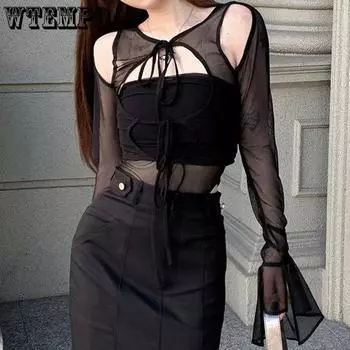 Миллениал Spicy Girls Style Mesh Fake Two Pieces Кружевное боди с расклешенными рукавами Сексуальный перспективный топ Сращивание демонстрирует тонкий искусственный топ из двух частей S чёрный