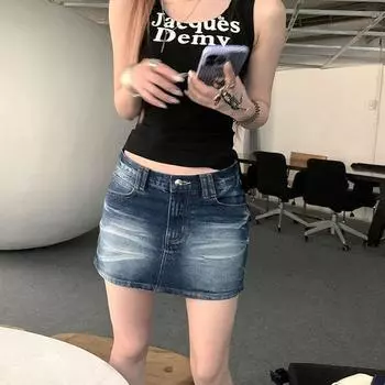 Millennium Sexy Retro Denim Skirt Distressed Stylish A- line Skirt Straight-leg All-Matching Sheath Mini Skirt Fashion