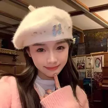 Millennium sweet girl~ girl cute bow imitation rabbit fur plush beret children autumn and winter warm M56-58cm