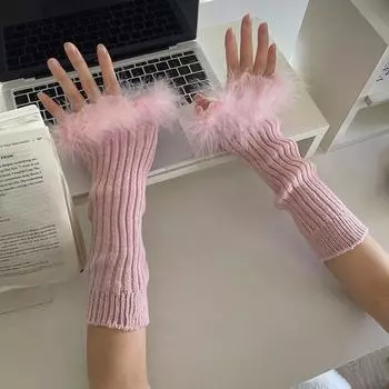 Millennium Y2g Sexy Retro Hand-Stitched Feather Lace Vertical Stripes Knitting Fall and Winter Heattech Gloves Fingerless Arm Sleeve Women Pink