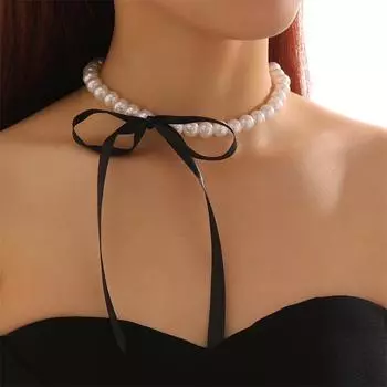 Милое элегантное ожерелье с искусственным жемчугом для женщин, модное регулируемое ожерелье с бантом на шнуровке, колье для девочек, свадебные украшения красный