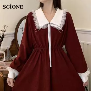 Милое элегантное платье миди в стиле Лолиты, женское осеннее лоскутное праздничное платье, женское повседневное кружевное корейское платье в стиле ретро, женская одежда, осень 2020 S чёрный