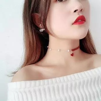 Милое черно-красное сердце, мини-асимметричная цепочка, жемчужное ожерелье, женские свадебные украшения чёрный