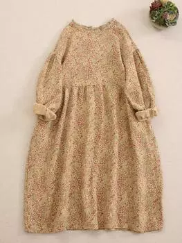 Милое цветочное платье с длинными рукавами, женское, свободное, универсальное, с воротником-грибком, кружевом, напечатанным на средней и длинной юбке M абрикосовый