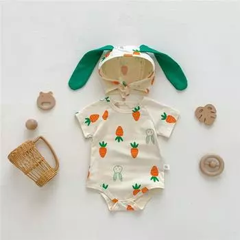 Милое детское боди с рисунком кролика для детей 0-24 месяцев, одежда со шляпой, летний комбинезон с короткими рукавами для младенцев 66